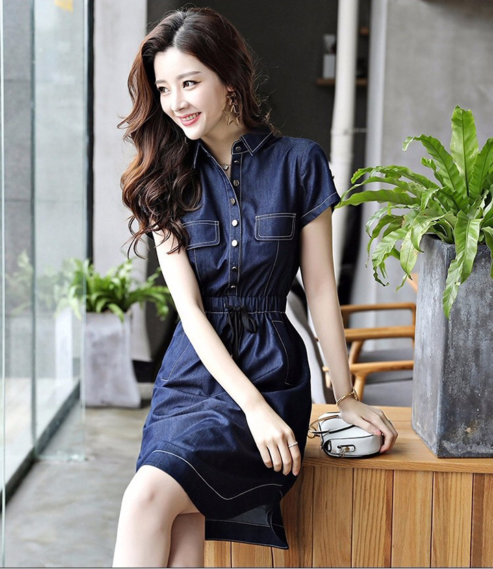ĐẦM JEAN CỔ SƠ MI EO THUN LAI BẦU
